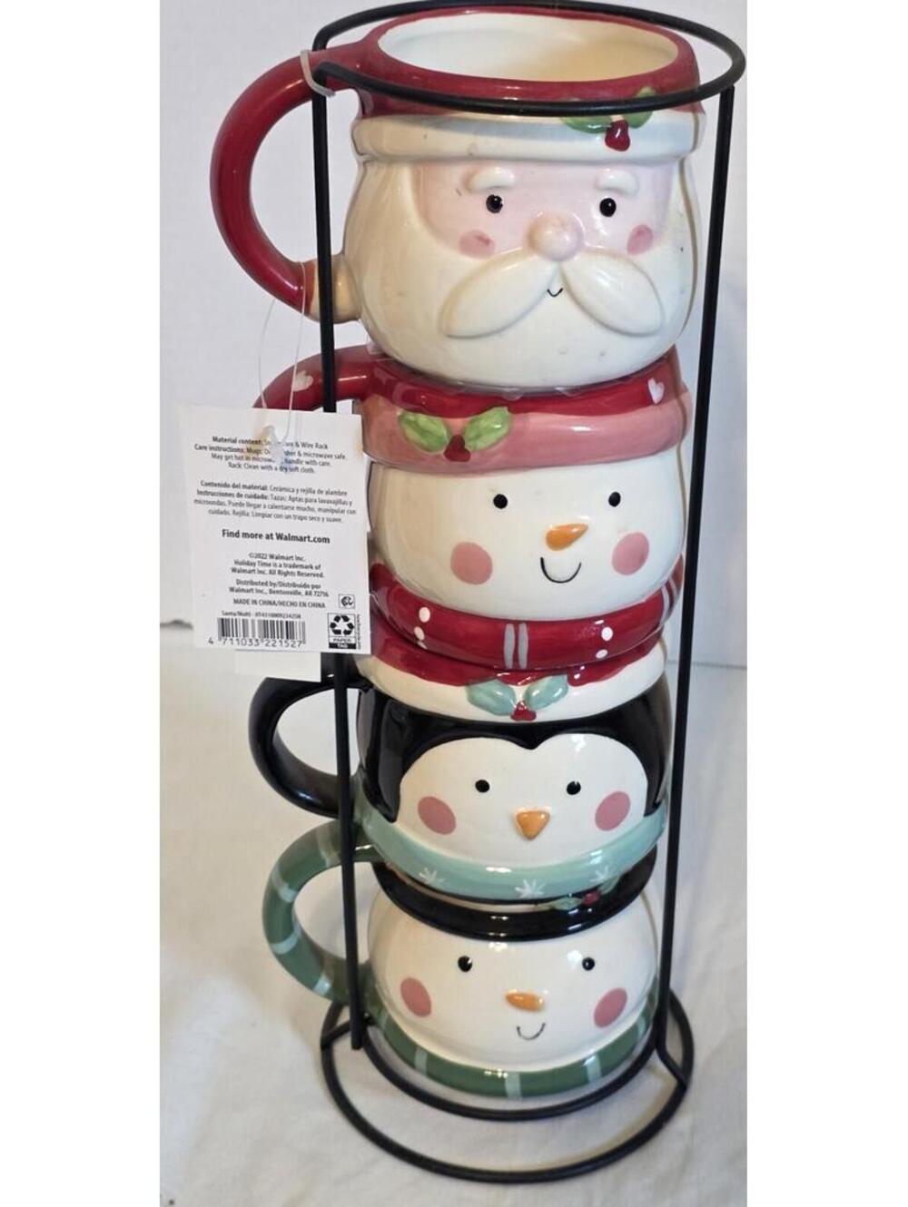 Holiday Time Santa Snowman Reindeer Mix Stackable Stoneware Mug with Rack (NEW)